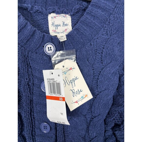 Hippie Rose  Junior Cable Knit Button-Up Cardigan Sweater Deep Cobalt  XS NWT's - Picture 6 of 8